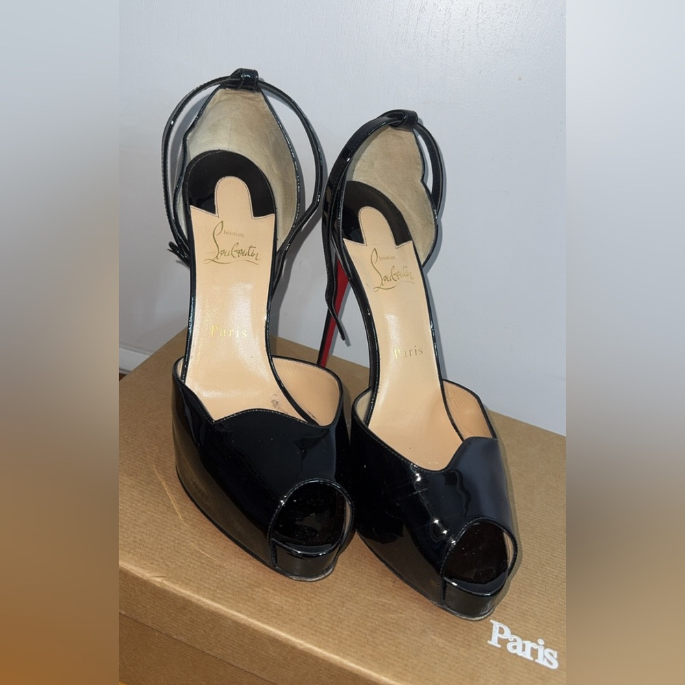 Christian Louboutin Glossy Black Peep-Toe Heels